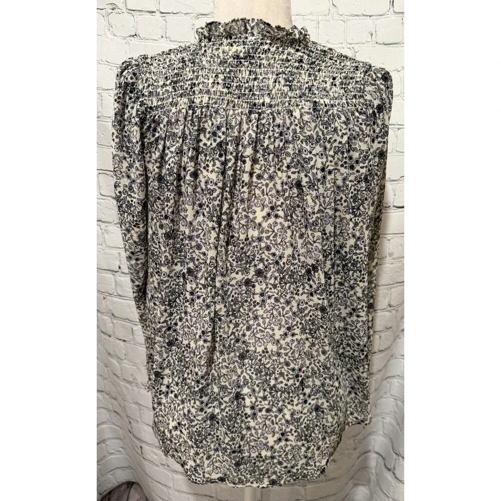 Free People Long Sleeve Floral Smocked Blouse Blue Size XS